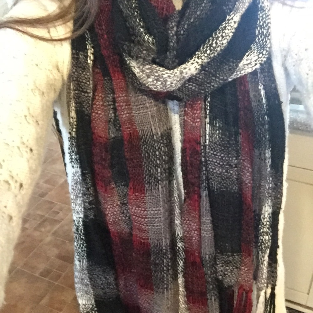 Maurices scarf burgundy, blue, white with fringe.